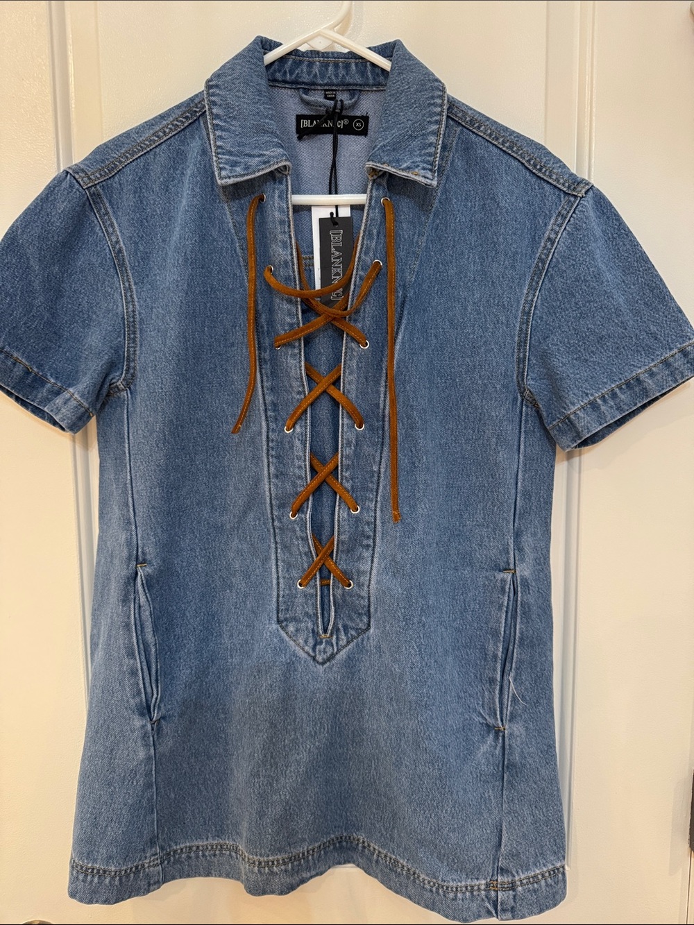 Blank NYC Mini Denim Lace-Up Tunic Dress - Blue with Brown Suede Laces Size XS